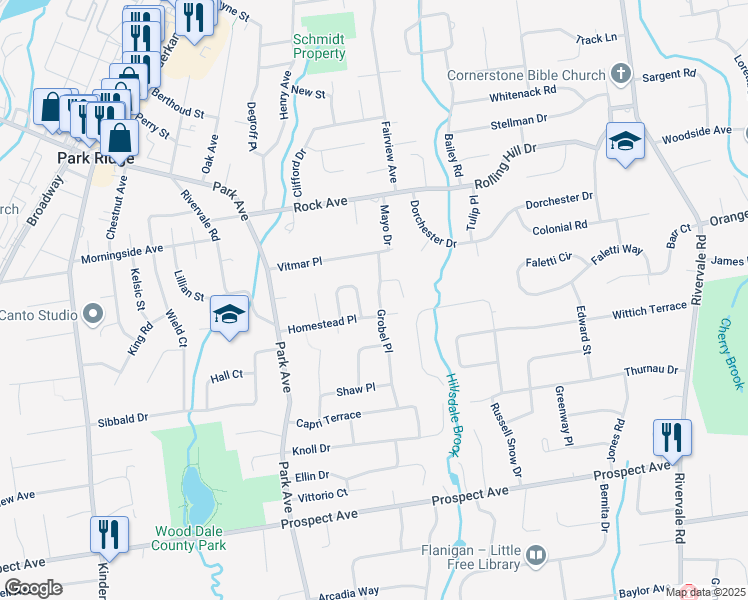 map of restaurants, bars, coffee shops, grocery stores, and more near 18 Seibert Court in Park Ridge