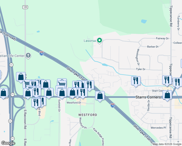 map of restaurants, bars, coffee shops, grocery stores, and more near 4042 Saint Andrews Court in Canfield