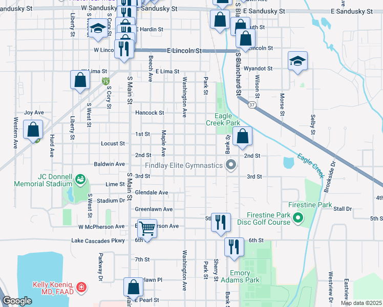 map of restaurants, bars, coffee shops, grocery stores, and more near 420 2nd Street in Findlay