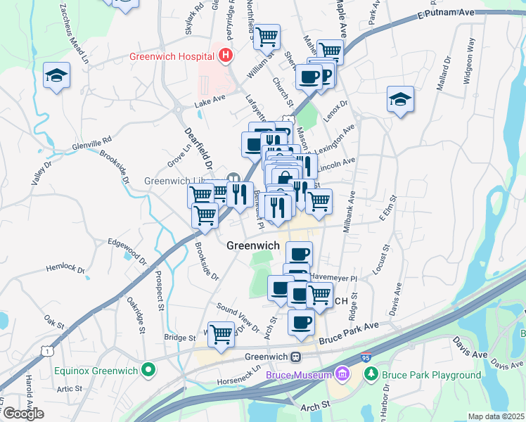 map of restaurants, bars, coffee shops, grocery stores, and more near 19 Benedict Place in Greenwich