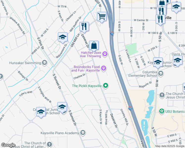 map of restaurants, bars, coffee shops, grocery stores, and more near 749 Chelsie Drive in Kaysville