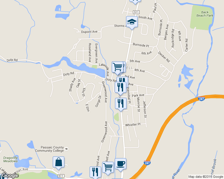 map of restaurants, bars, coffee shops, grocery stores, and more near 14 Brook Street in Wanaque