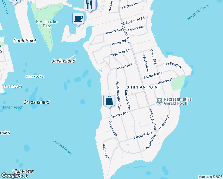 map of restaurants, bars, coffee shops, grocery stores, and more near 148 Ocean Drive West in Stamford