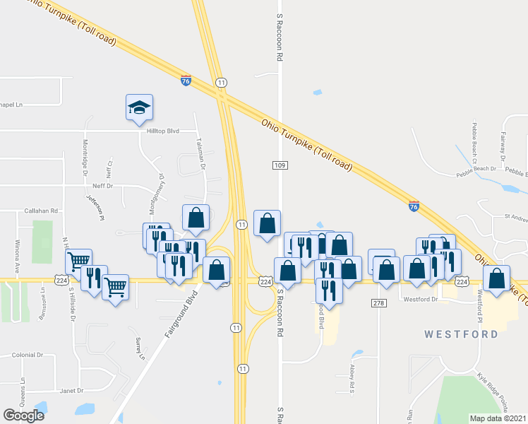 map of restaurants, bars, coffee shops, grocery stores, and more near 6276 South Raccoon Road in Canfield