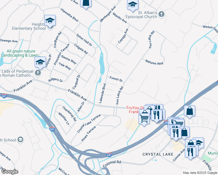 map of restaurants, bars, coffee shops, grocery stores, and more near 211 Washington Street in Franklin Lakes