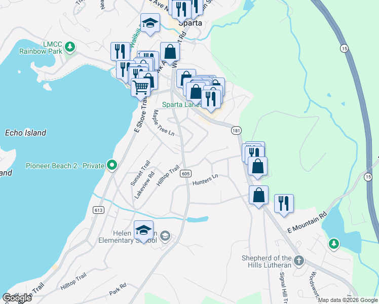 map of restaurants, bars, coffee shops, grocery stores, and more near 21 Hickory Tree Lane in Sparta