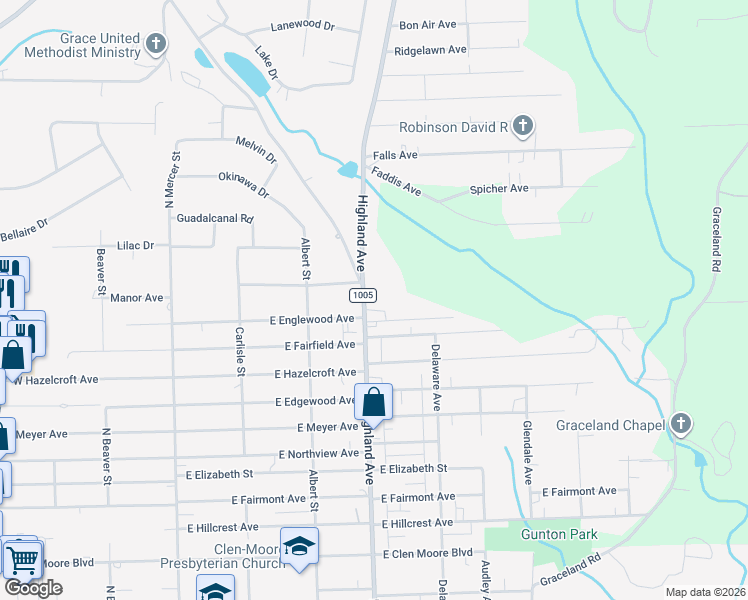 map of restaurants, bars, coffee shops, grocery stores, and more near 2707 Mercer Road in New Castle