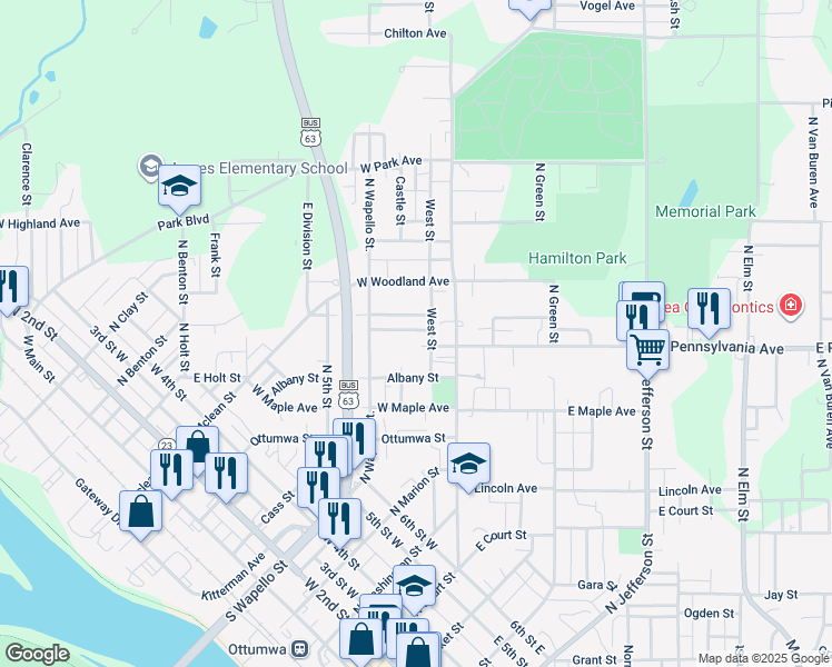 map of restaurants, bars, coffee shops, grocery stores, and more near 210 Clayton Street in Ottumwa