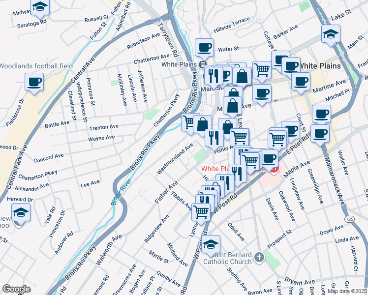 map of restaurants, bars, coffee shops, grocery stores, and more near 101 Westmoreland Avenue in White Plains