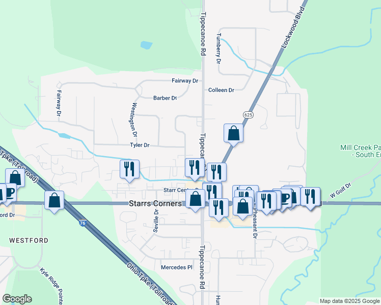 map of restaurants, bars, coffee shops, grocery stores, and more near 6345 Catawba Drive in Canfield