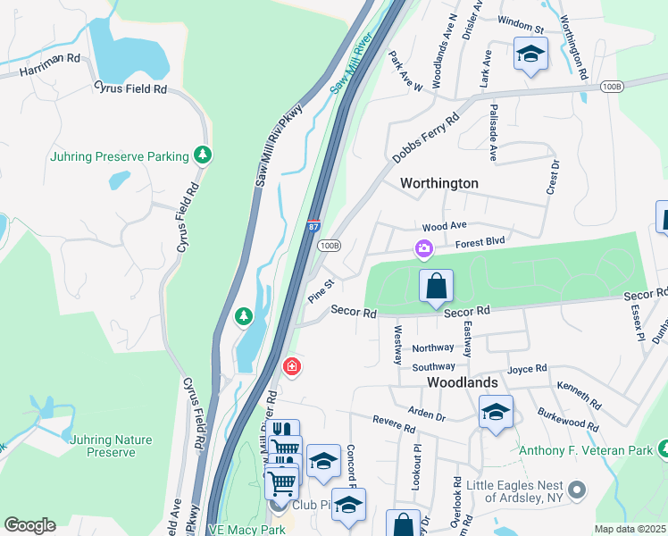 map of restaurants, bars, coffee shops, grocery stores, and more near 1 Grove Lane in Ardsley