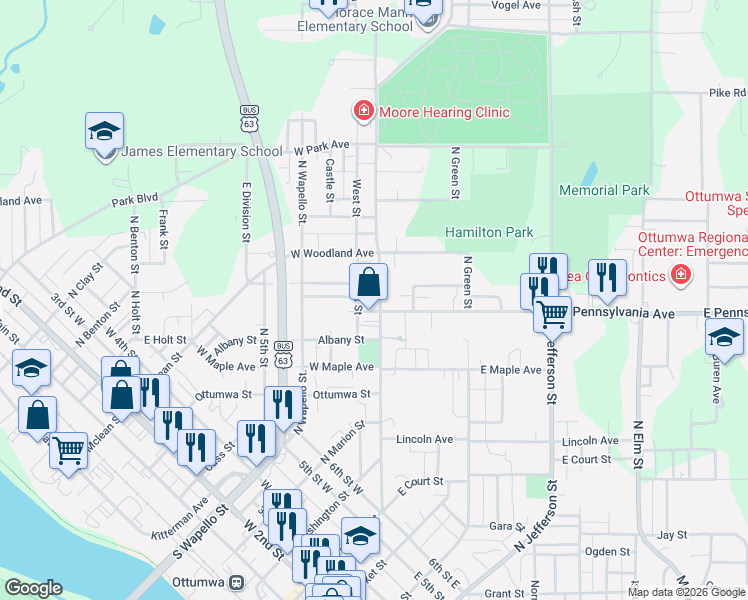 map of restaurants, bars, coffee shops, grocery stores, and more near 911 North Court Street in Ottumwa