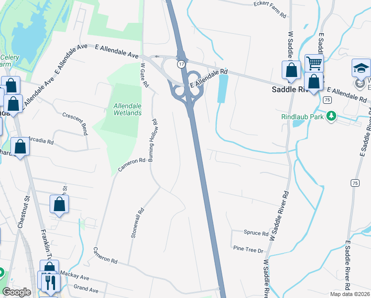 map of restaurants, bars, coffee shops, grocery stores, and more near 10 Big Ramapo Road in Saddle River