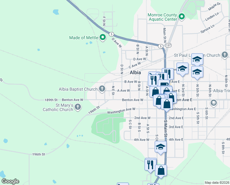 map of restaurants, bars, coffee shops, grocery stores, and more near 422 A Avenue West in Albia