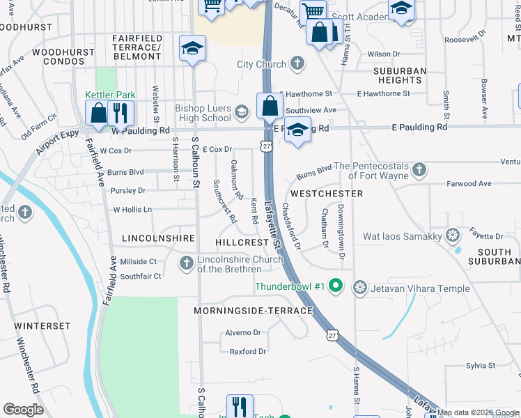 map of restaurants, bars, coffee shops, grocery stores, and more near 6201 Kent Road in Fort Wayne