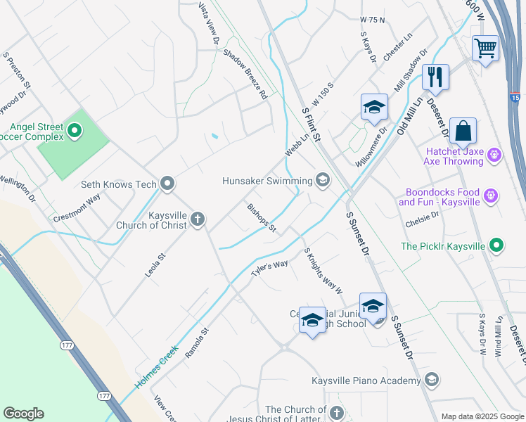 map of restaurants, bars, coffee shops, grocery stores, and more near 419 Bishops Street in Kaysville