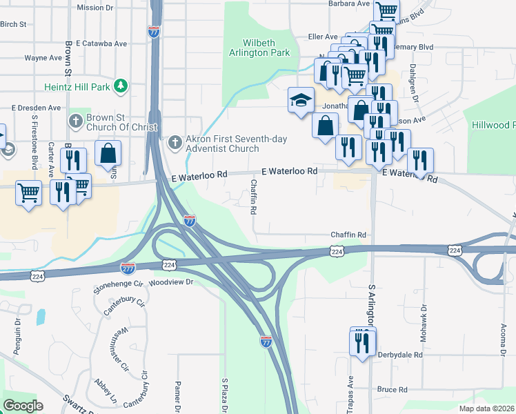 map of restaurants, bars, coffee shops, grocery stores, and more near 1617 Chaffin Road in Akron