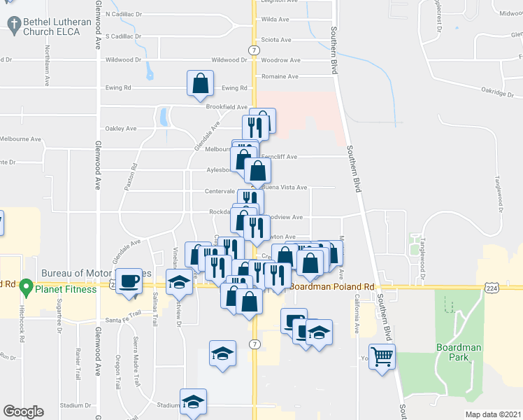 map of restaurants, bars, coffee shops, grocery stores, and more near 6989 Market Street in Boardman