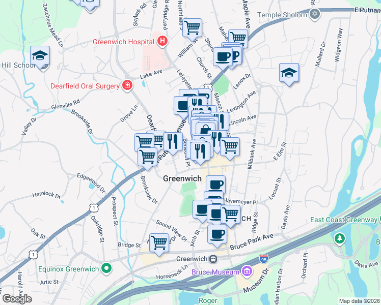 map of restaurants, bars, coffee shops, grocery stores, and more near 21 Benedict Place in Greenwich