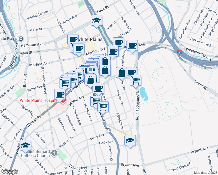 map of restaurants, bars, coffee shops, grocery stores, and more near 107 South Broadway in White Plains