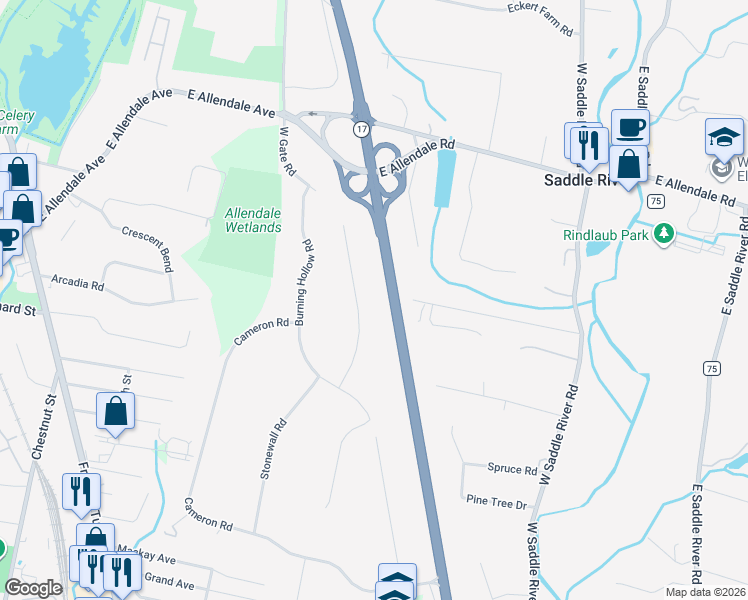map of restaurants, bars, coffee shops, grocery stores, and more near 10 Big Ramapo Road in Saddle River