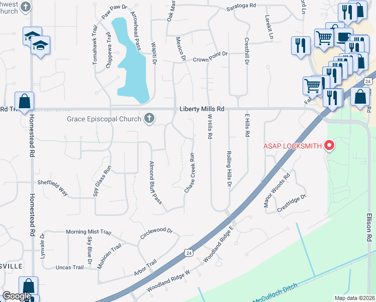 map of restaurants, bars, coffee shops, grocery stores, and more near 6018-6030 Chase Creek Court in Fort Wayne