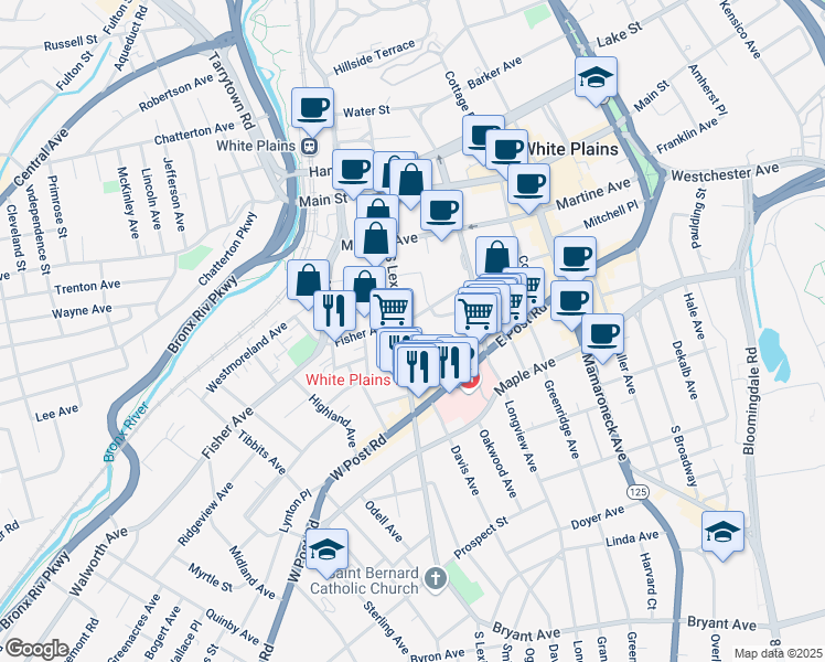 map of restaurants, bars, coffee shops, grocery stores, and more near 301 Quarropas Street in White Plains