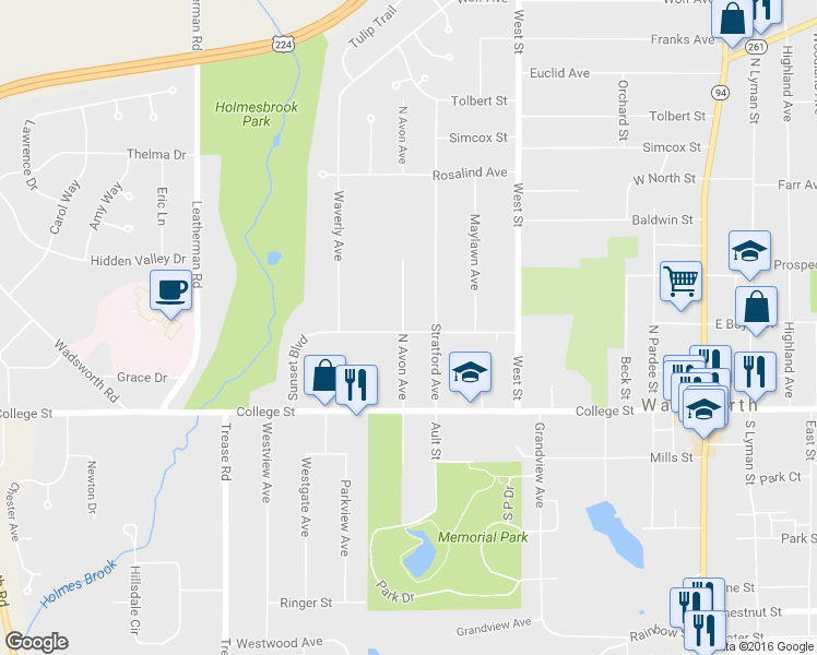map of restaurants, bars, coffee shops, grocery stores, and more near 410 Sunset Boulevard in Wadsworth