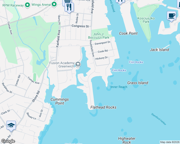map of restaurants, bars, coffee shops, grocery stores, and more near 121 Dolphin Cove Quay in Stamford