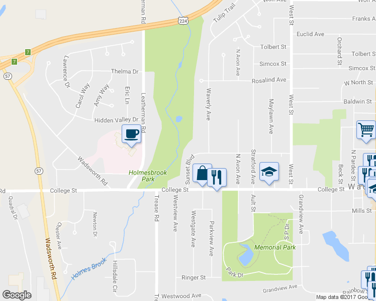 map of restaurants, bars, coffee shops, grocery stores, and more near 534 Sunset Boulevard in Wadsworth