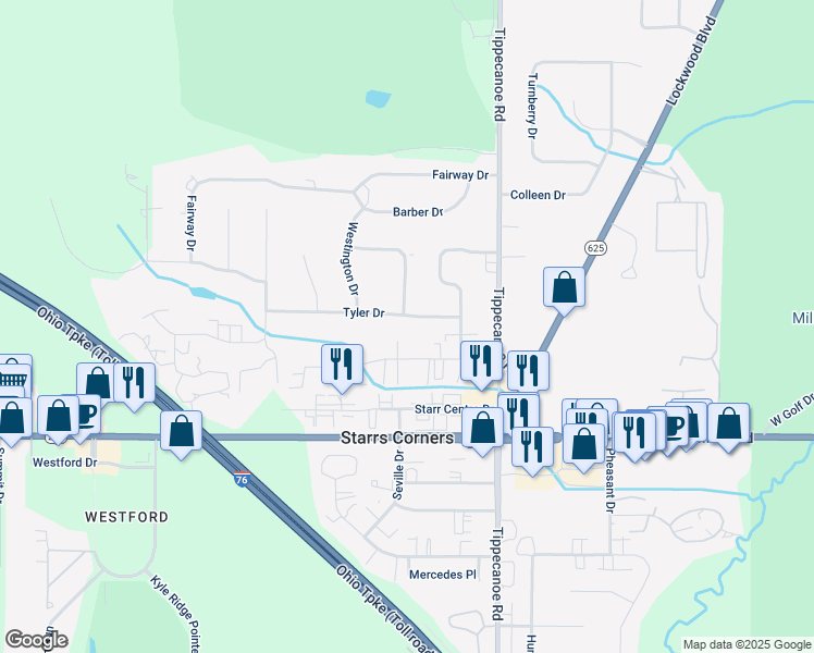 map of restaurants, bars, coffee shops, grocery stores, and more near 3695 Tyler Drive in Canfield