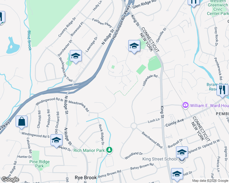 map of restaurants, bars, coffee shops, grocery stores, and more near 42 Meadowlark Road in Rye Brook