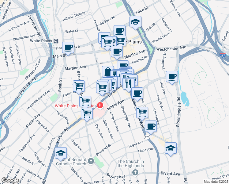 map of restaurants, bars, coffee shops, grocery stores, and more near 105 East Post Road in White Plains