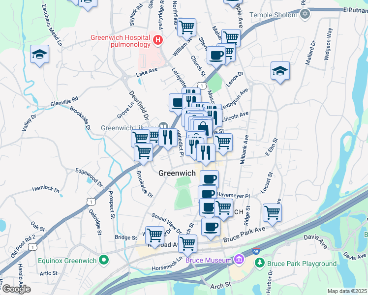 map of restaurants, bars, coffee shops, grocery stores, and more near 21 Benedict Place in Greenwich