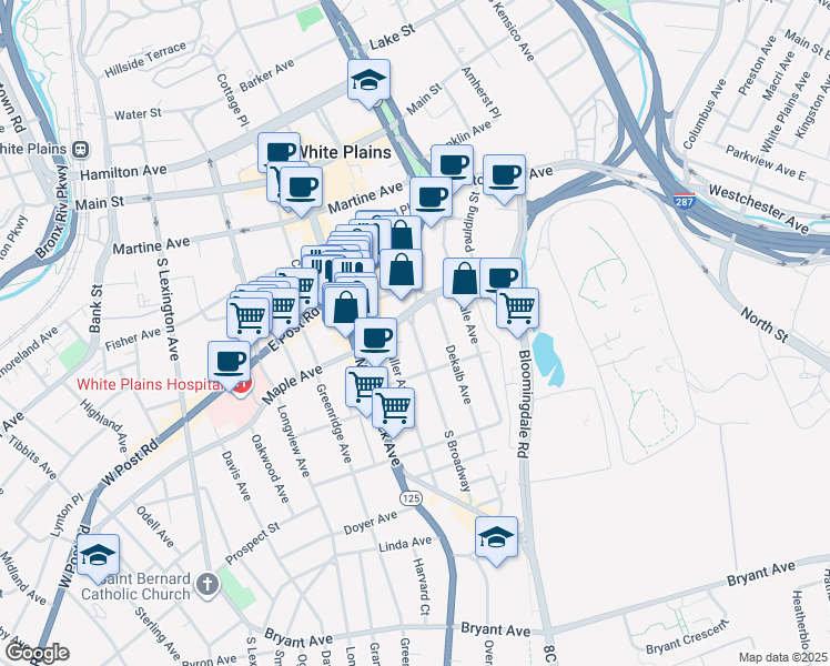 map of restaurants, bars, coffee shops, grocery stores, and more near 107 South Broadway in White Plains