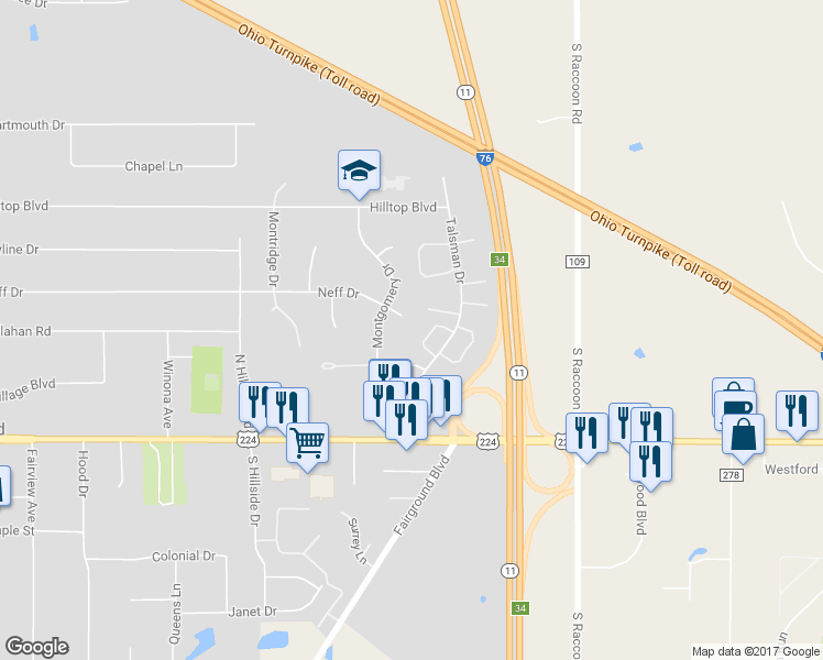 map of restaurants, bars, coffee shops, grocery stores, and more near 31 Meadow Court in Canfield