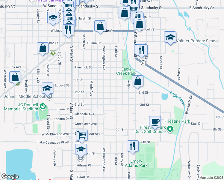 map of restaurants, bars, coffee shops, grocery stores, and more near 420 2nd Street in Findlay