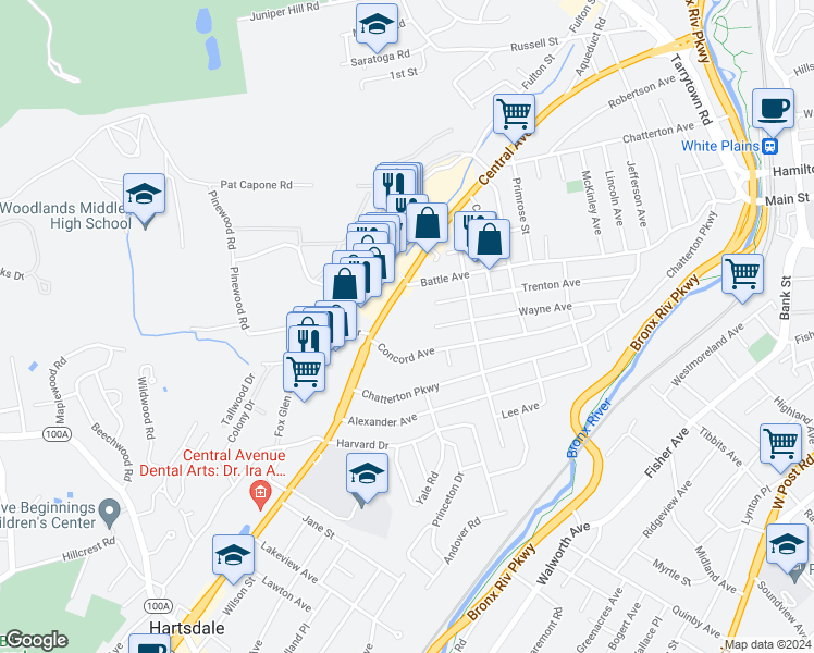 map of restaurants, bars, coffee shops, grocery stores, and more near 324 North Central Avenue in Hartsdale