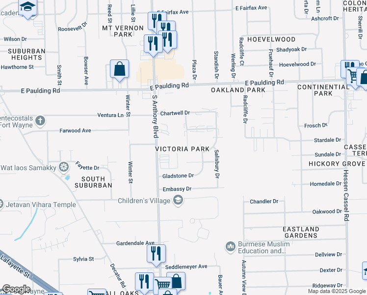 map of restaurants, bars, coffee shops, grocery stores, and more near 6120 Guild Drive in Fort Wayne