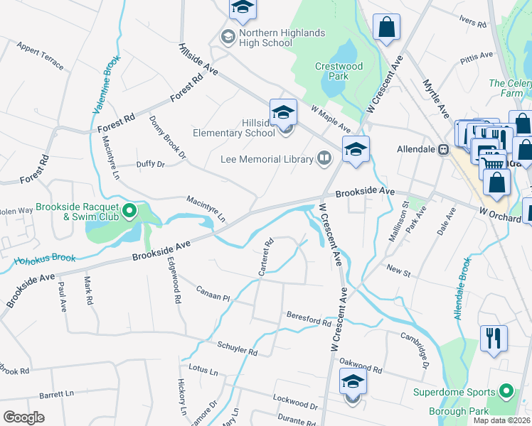 map of restaurants, bars, coffee shops, grocery stores, and more near 275 Brookside Avenue in Allendale