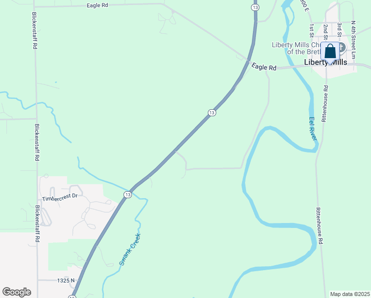map of restaurants, bars, coffee shops, grocery stores, and more near 13833 Indiana 13 in North Manchester