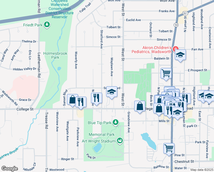 map of restaurants, bars, coffee shops, grocery stores, and more near 356 Sunset Boulevard in Wadsworth