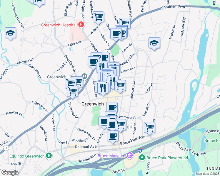 map of restaurants, bars, coffee shops, grocery stores, and more near 175 Greenwich Avenue in Greenwich