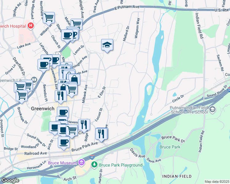 map of restaurants, bars, coffee shops, grocery stores, and more near 65 Le Grande Avenue in Greenwich