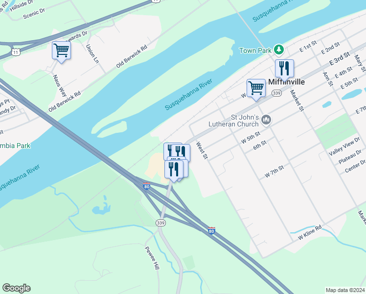 map of restaurants, bars, coffee shops, grocery stores, and more near 332 West 3rd Street in Bloomsburg