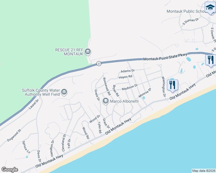 map of restaurants, bars, coffee shops, grocery stores, and more near 42 Roosevelt Road in Montauk