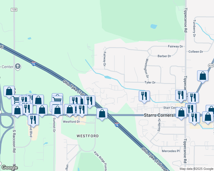 map of restaurants, bars, coffee shops, grocery stores, and more near 6424 Saint Andrews Drive in Canfield