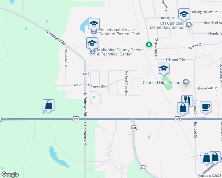 map of restaurants, bars, coffee shops, grocery stores, and more near 21 Woodland Run in Canfield