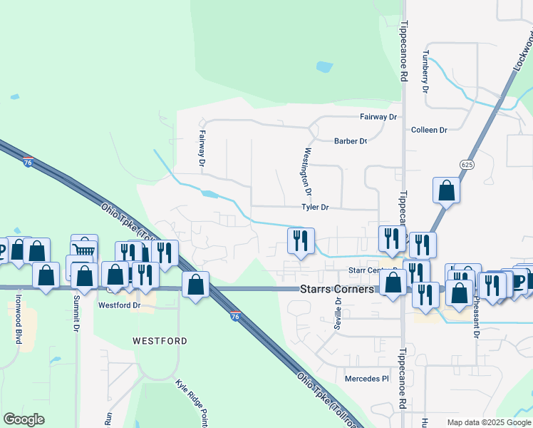 map of restaurants, bars, coffee shops, grocery stores, and more near 3955 Tyler Drive in Canfield