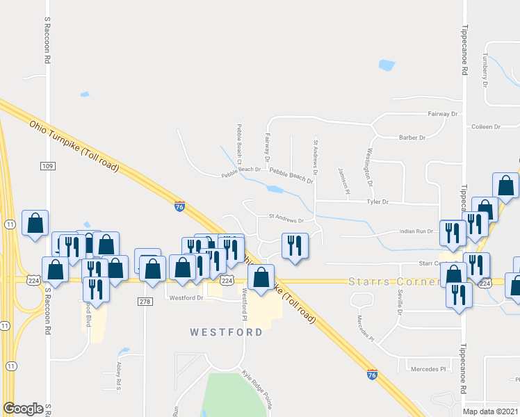 map of restaurants, bars, coffee shops, grocery stores, and more near 6496 Saint Andrews Drive in Canfield